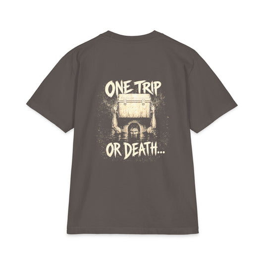 Cool Dad, BTW River Carry Tee back One Trip graphic on gray T-shirt.
