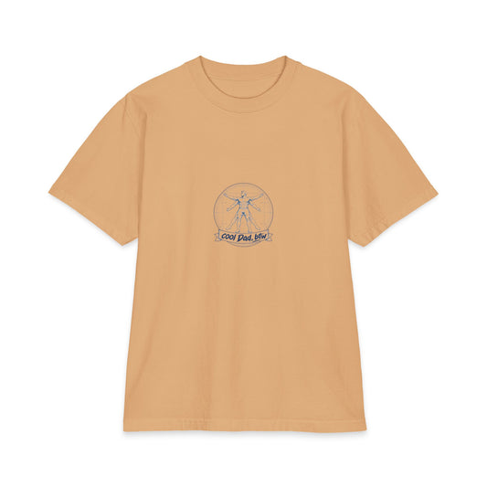 Cool Dad, BTW Vitruvian Dad Bod Tee front figure logo on tan T-shirt.