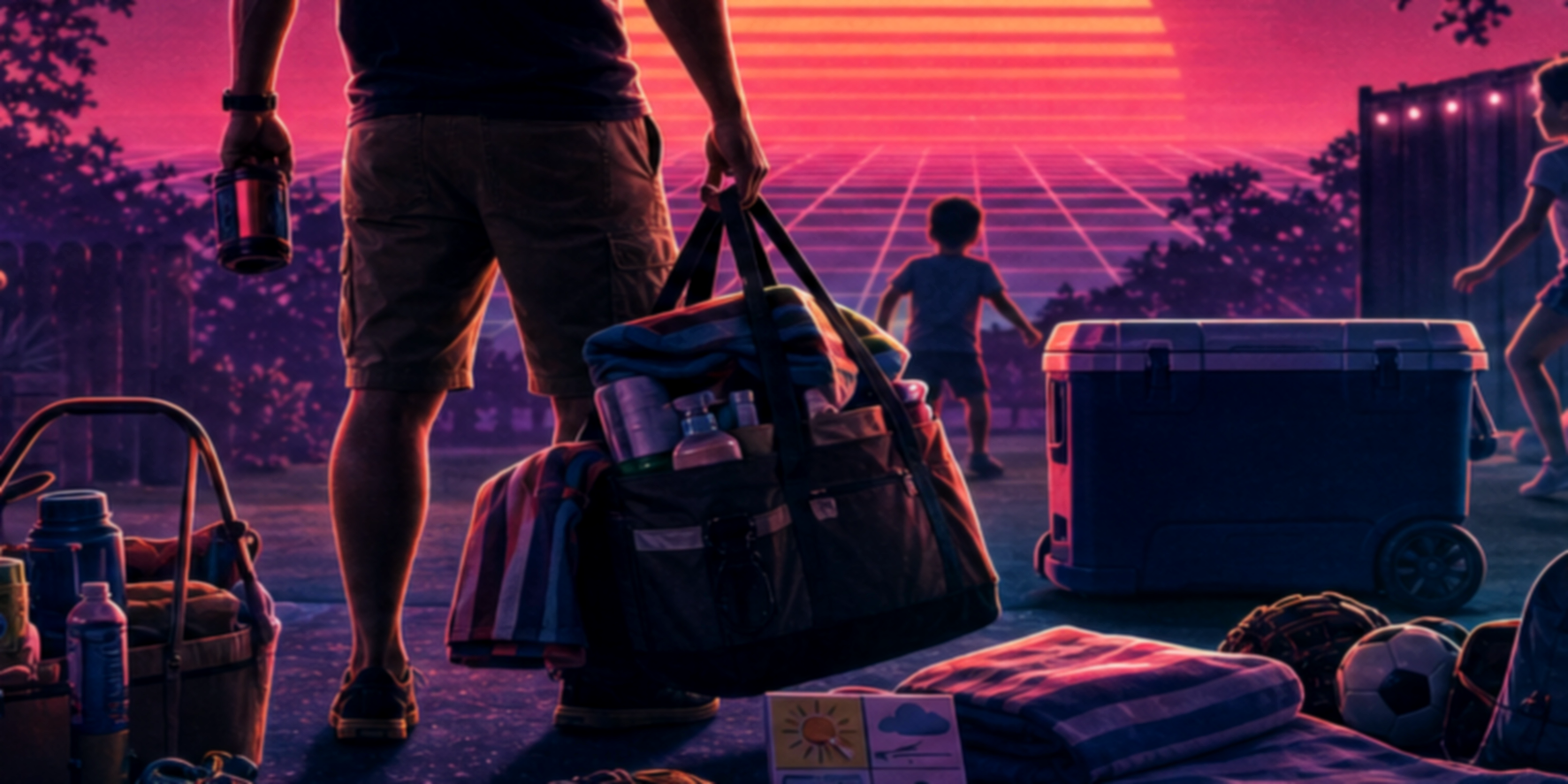 Out-of-focus close-up of a dad carrying weekend bags